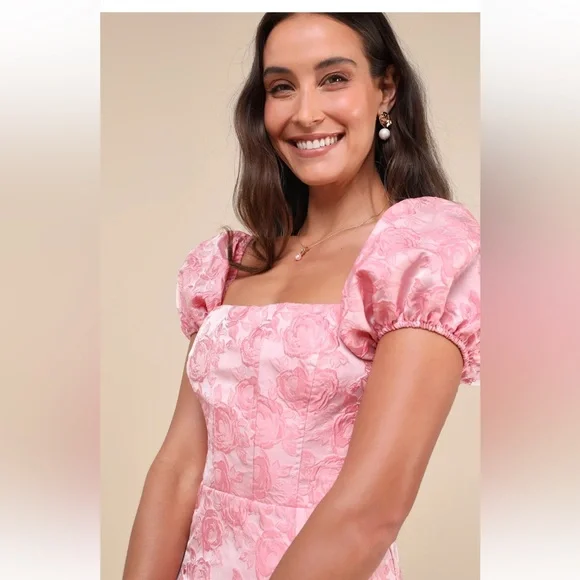 Lulu's Pink Puff Sleeve Mini Dress - Picture 3 of 6